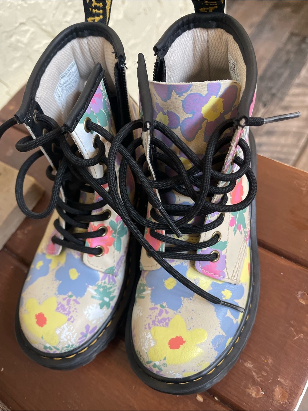 Dr. Martens Kids Floral Print Boots in Yellow, Pink, Purple, Blue
